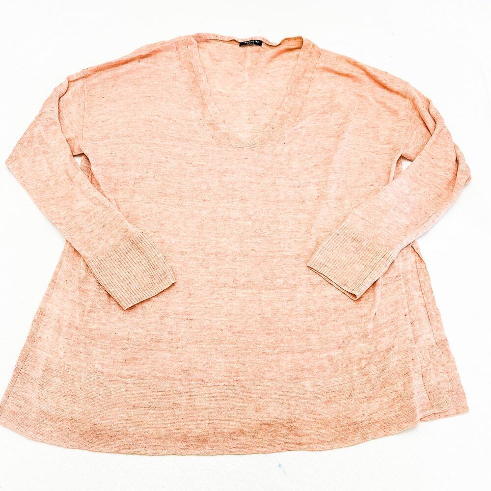 Lafayette 140 Linen Blend Salmon Colored V-Neck Sweater Split Hems Size XL